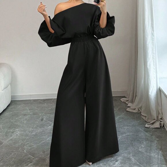 Black Elegant Women's Long Sleeve Oblique Shoulder Suit